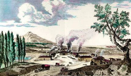 1787年のクルーゾー（ソーヌ川とロワール川）の王室鋳物工場 フランス軍の武装を中心に製造していた。18世紀のエングレーヴィング。個人蔵