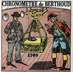 時刻：1760年にフェルディナン・ベルトー（1727-1807）が発明したマリン・クロノメーター。1925年の匿名のイラスト。個人蔵。