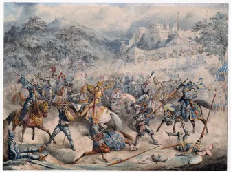 Tournoi (Moyen age) - Tournament of mounted knights - Anonymous - 1840 - Colour lithograph - 20,3x30,5 - Private Collection