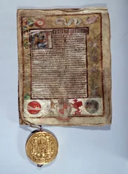 1527年8月、ヘンリー8世とフランス王フランソワ1世が皇帝シャルル5世に対抗するために結んだ同盟、アミアン条約（パリ、国立公文書館