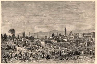アルメニア（現トルコ）のエルズルム（Erzeroum）の街の風景。Louis-Eugene (Louis Eugene) Louvetによる「Les Missions Catholiques au XIXeme Siecle」に掲載された版画。
