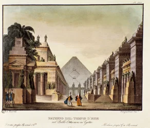 イシス神殿の眺め イタリア人振付師ジョヴァンニ・ガルツェラーニ（1780-1865）のバレエ「エギットのオッタビアーノ」の舞台背景（1828年）。アレッサンドロ・サンキリコ（1777-1849）の1830年の風景画の発明の記録」のリトグラフ。ミラネーゼ・プライバ