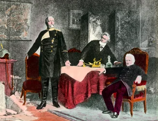 1870年の戦争：ビスマルク首相（1815-1898）、ジュール・ファーブル（1809-1880）、アドルフ・ティエール（1797-1877）の政治家インタビュー。1870年頃のエングレーヴィング。個人蔵