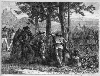 フランス革命の戦争と革命派に対する動き：1793年10月9日、フランス共和国軍による王党派軍に対するリヨン市の包囲と占領。1866年にアドルフが出版した『フランス革命史』に掲載されている図版