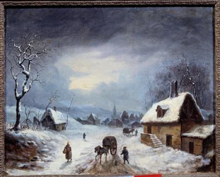 冬の風景。雪道を走る馬車。匿名の絵画。19世紀 個人蔵