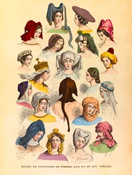 15～16世紀の女性のヘアスタイル、エングレービング - 個人蔵