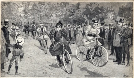 パリ近郊のブローニュの森で行われたベロシペッドの女性レース。1893年6月25日の「Le Petit Parisien」に掲載されたエングレーヴィング。