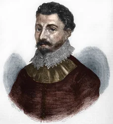フランシス・ドレーク卿の肖像。イギリスの航海士、私掠船員（1540年頃、デボンシャー州タビストックで生まれ、パナマのポルトベロ沖で操業）。