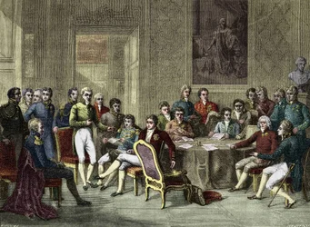 ウィーン会議の様子。1815年のウィーン会議。アレクサンダー1世（皇帝）、H.R.スチュワート（カスレアーグ）、フランソワ1世（オーストリア皇帝）、フレデリック・ウィリアム3世（プロイセン王）、カール・アウグスト（ハーデンベルグ王子）、ヴィルヘルム・フォン・フンボルト（フンボルトのウィリアム
