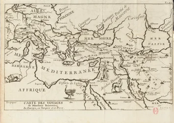 17世紀、タヴェルニエの「ヨーロッパ、ペルシャ、トルコ旅行記」の地図。