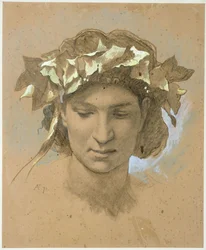 木蔦の冠をかぶった女性の頭部。絵画『プラトンの饗宴』のための習作（1873年、ベルリン国立美術館）