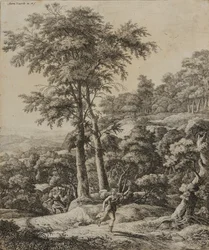 狩人のいる風景」（銅版画