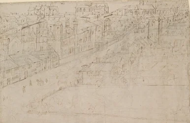 サザークから見たロンドンのパノラマ: 1554 年にセント メアリー オーバーリーのあるボロー ハイ ストリート