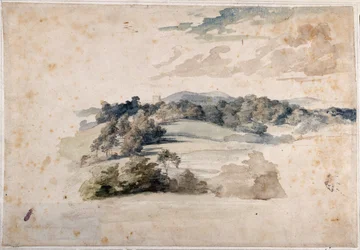 草原と森の丘のイギリス風景画（鉛筆・水彩・紙