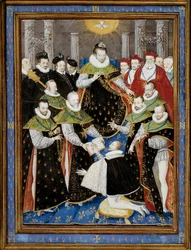 アンリ3世（1551-1589） 1587年 聖霊の騎士団（Order of the Holy Spirit）の最初の式典を司会するアンリ3世（1551-1589） アントワーヌ・キャロン（1521-1599）の後にウィリアム・リシャール（16世紀）が描いたミニチュア 1587年 シャンティイ、コンデ美術館 - アンリ3世（15