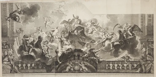 パレ・ロワイヤルの大回廊天井のセンターパネルのデザイン、ニコラ・アンリ・タルデュー（1674-1749）による彫刻