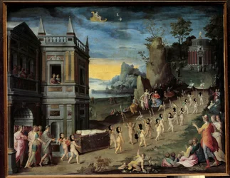 寓意：愛の葬儀。エロスの遺体を運ぶ葬列がヴィーナスの神殿へ向かう。アントワーヌ・カロン（1521-1599）の工房による絵画