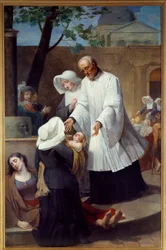 農民の世話をする聖ヴィンセント・ド・ポール（1581～1660年）（St Vincent de Paul Helping the Plague Ridden）。アントワーヌ・アンシオー（1764-1840）による絵画。ナント、美術博物館