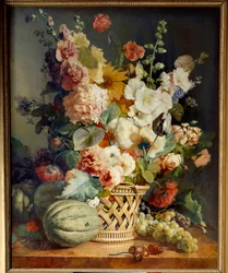 籐のかごの中の花と果物。アントワーヌ・ベルジョンによる絵画