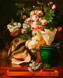 花と貝と鮫の頭のある静物画