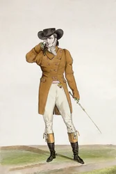 ジョルジュジャックガティーヌ（1773-183年）が刻印した、ボート型の帽子、くすんだ色のジャケット、バックスキンのズボンをまとったダンディ。