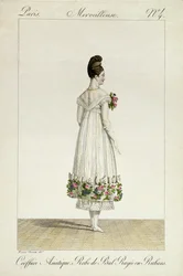 リボンでトリミングされたボールドレスのアジア風の髪型の女性、ジョルジュジャックガティーヌ（1773-1831）によって刻まれた「インクロヤブルエメルヴェイユーズ」シリーズのファッションプレートのプレート4公開1