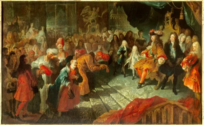 国王ルイ14世（1638-1715）は、1715年2月19日にヴェルサイユ宮殿のアイスクリームの回廊でペルシャのメヘメト・レザー・ベイ（ラザ・ベイ）特命大使を迎える。絵画はアントワーヌ・コイペル（1661-1722）によるものとされる。0,7x1,5 m