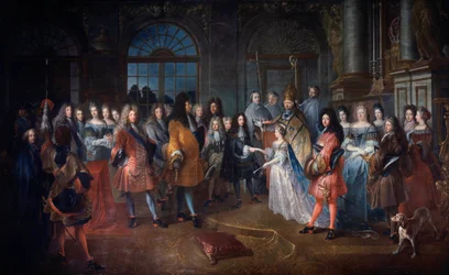 1697年7月12日、ブルゴーニュ公ルイ・ド・フランスとサヴォイ家のマリー・アデライドの結婚 中央にいる国王ルイ14世（1638-1715）の立会いのもと、式が行われる。結婚する若者たちは、コワスリン枢機卿によって祝福されます。アントワーヌ・デューの絵画（166