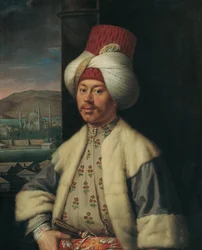 トルコの衣装を着たヨーロッパ人の肖像 - アントワーヌ・ド・ファヴレイ (1706-1791) の絵画、キャンバスに油彩 (84x68 cm)、18 世紀後半 - (トルコの衣装を着たヨーロッパ人の肖像、A. de によるキャンバスに油彩ファブレ