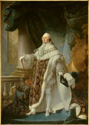 Portrait en pied du roi de France Louis XVI (1754-1793), wearing the great royal costume in 1779 Painting by Antoine Francois (Antoine-Francois) Callet (1741-1823) 1779 Dim.2,7x1,89 m - - フランス国王ルイ16世（1754-1793）の戴冠式での肖像