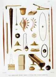 マリアーナ諸島の家庭用品と武器、ヴォヤージュオートゥールデュモンド（1817-20）、ルイクロードデザルスドフレシネ（1779-1842）、ジャンルイデニスクータン（1776-1831）、p