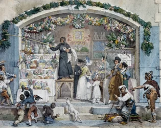 アントワーヌ＝ジャン＝バティスト・トマ（1791-1833）作「ローマのベファーナ」、版画。イタリア