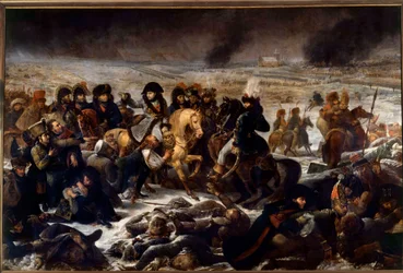 プロイセンおよびポーランド遠征（1806-1807）：「アイラウの戦場のナポレオン1世（1769-1821）、9/02/1807」。アントワーヌ・ジャン・グロ（1771-1835）による絵画、1808年、高さ5,21 x 7,84 m