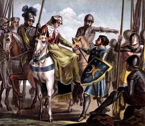 ジャンヌ・ド・ナヴァール（1271-1304）がバー・プリズナー伯爵を奪う ジャン・バティスト・モレ（fl. 1790-1820）による1788年のカラー・エングレーヴィング
