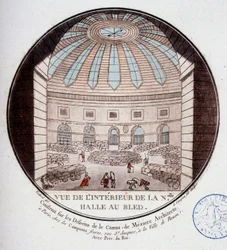 1763年から1766年にかけてメジエールのル・カミュによって建設された新しい市場ホール（現在はパリの証券取引所）の内部の様子。セルジュによるパリの主要建築物のプリトレスクな眺めでは