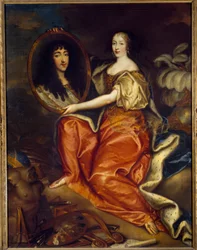 アンリエット・アン（Henriette-Anne）・オブ・イングランド（1644-1670）のオルレアン公爵夫人が、フィリップ・デュック・オブ・オルレアン（1640-1701）dit Monsieurの肖像を持っている肖像。二重の肖像。絵画の中のアビムの絵。アントワーヌ・マチュー（1631-1673）の絵画 1664年 日