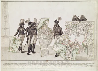 フランス軍の勝利、1797年4月18日のレオーベンの和約時、ナポレオンと将軍たちが勝利の地図を手にする、1797年頃