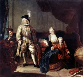 フォン・エルラッハ男爵とその家族の肖像。 Antoine Pesne (1683-1757) による絵画、1710 年頃。キャンバスに油彩。 ドイツのバロック様式の芸術。 エルミタージュ美術館、サンクトペテルブルク