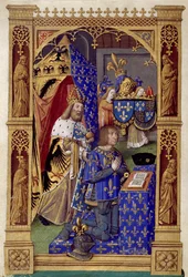 フランス国王ルイ 12 世 (1462-1515) がシャルルマーニュを背に祈りを捧げる - アントワーヌ ヴェラール (1485-1512) 作「シャルル 8 世の時間の書」のミニチュア