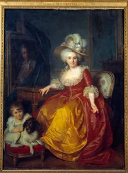 マダム・ヴェスティエ（1740-1831）の足元には子供がいて、犬の耳をつねっている肖像画 アントワーヌ・ヴェスティエ（1740-1824）の絵画 1787年 Sun.1,76×1,34メートル