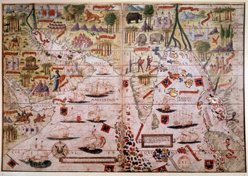 インドのポルトガルの航海地図。 1519 年にピエールとジョルジュ ライネル、ロポ オメン (地図製作者)、アントワーヌ ド オランド (細密画家) によって作成されたアトラス ミラー写本のページ。 16世紀。 パリ、B.N.