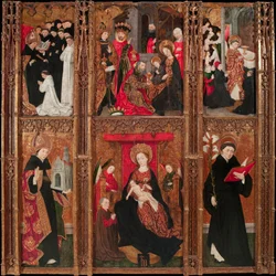 Retable de la vierge, saint Augustin et saint Nicolas de Tolentino - 聖母の祭壇画、聖アウグスティヌスとトレンティーノの聖ニコラス - アントワーヌ・ド・ロニー (1446-1490) テンペラと木に油彩 1462 Museu Nacional d