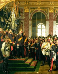 1871年1月18日、ヴェルサイユの鏡の間で1885年に描かれた、新しいドイツ帝国のカイザーとしてのヴィルヘルムの宣言（185620も参照）