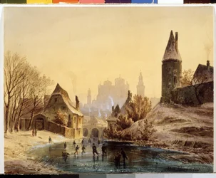 「凍った川のスケートリンク」（川のスケートリンク） アントン・ドール作水彩画（1826-1887） 1855年 プーシキン美術館、モスクワ