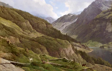 ドイツ語：放牧されたヤギのいる山の風景
