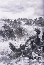 Praszyszでのロシア第14騎兵旅団の敗北（Union Berlagsefellfchaft発行「The Illustrated History of the World War 1914-1915」より）。