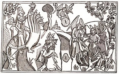 七つの頭を持つ獣に乗ったバビロンの大娼婦と、悪魔の囚人を抱えて麦を刈る天使たち