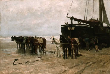オランダ語：Bomschuit with Tow Horses on Scheveningen Beach シェベニンゲンビーチで曳き馬をする漁船