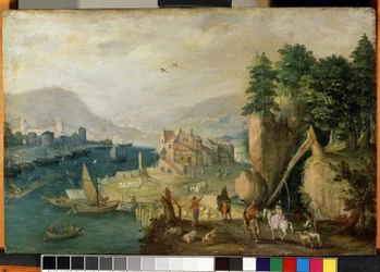 「山の近くの村」（山の町） フランダースの風景。 Antonie (Anton) Mirou (1586-circa 1661) による絵画 17 世紀 Mikalojus Konstantinas Ciurlionis Fine Arts Museum、カウナス、リトアニア