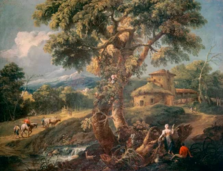 アントニオ・ディジアーニ（1738-1797）作「人々と川のある山の風景」油彩・キャンバス、55x72cm